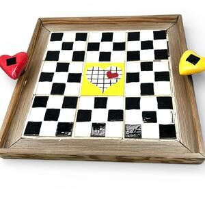 Vintage handmade checkers game heart black white board Tile Tray Decor Kitchen